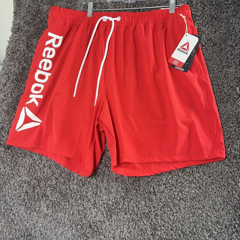 Reebok Men's Red Logo Swim Trunks Size L Elastic Waist Drawstring RWUSM2517BX